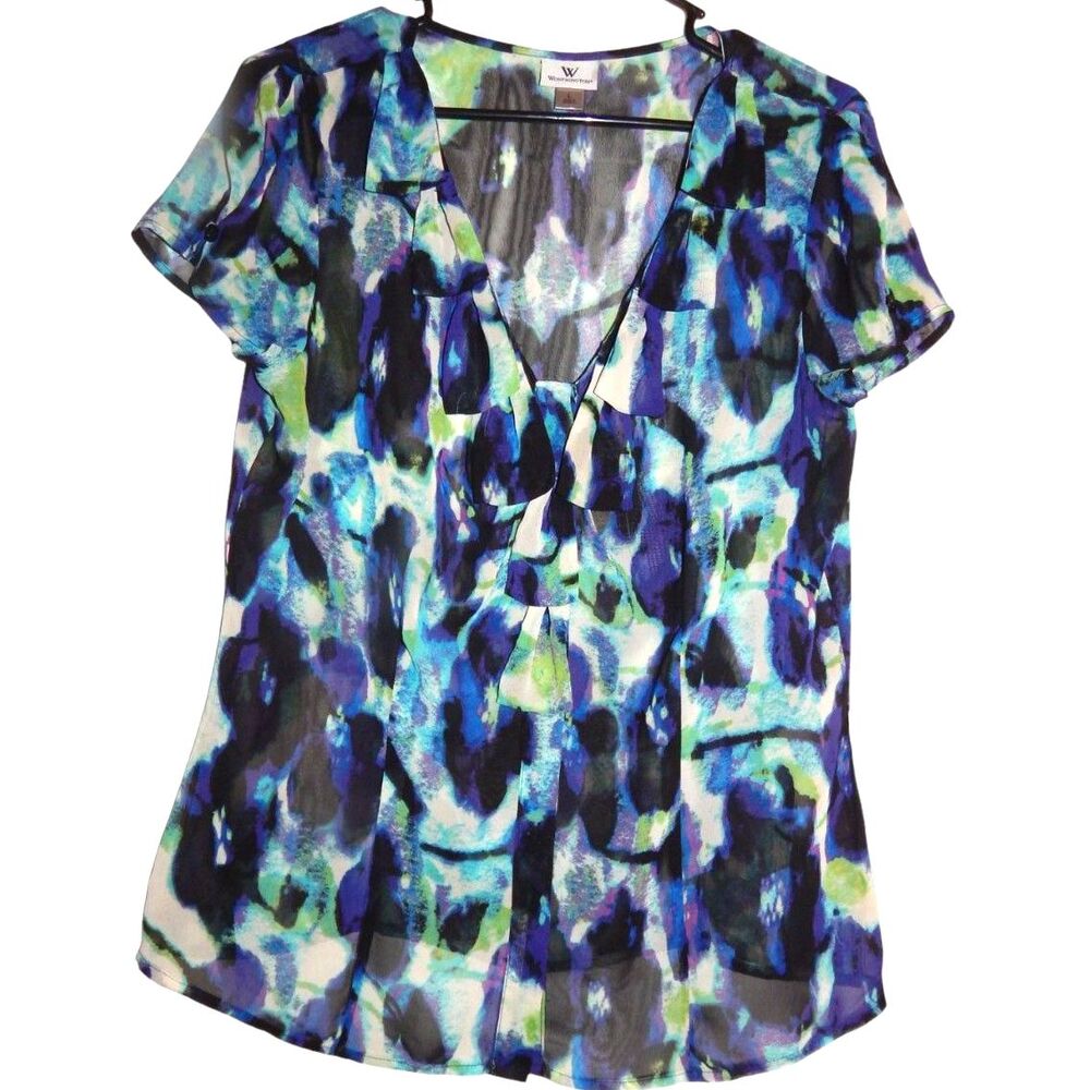 Worthington women’s large sheer blue white purple button‑front blouse